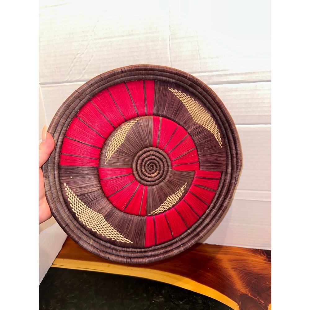 Hand Woven Grass Coil Basket Bowl Wall Art Boho Round African 12"